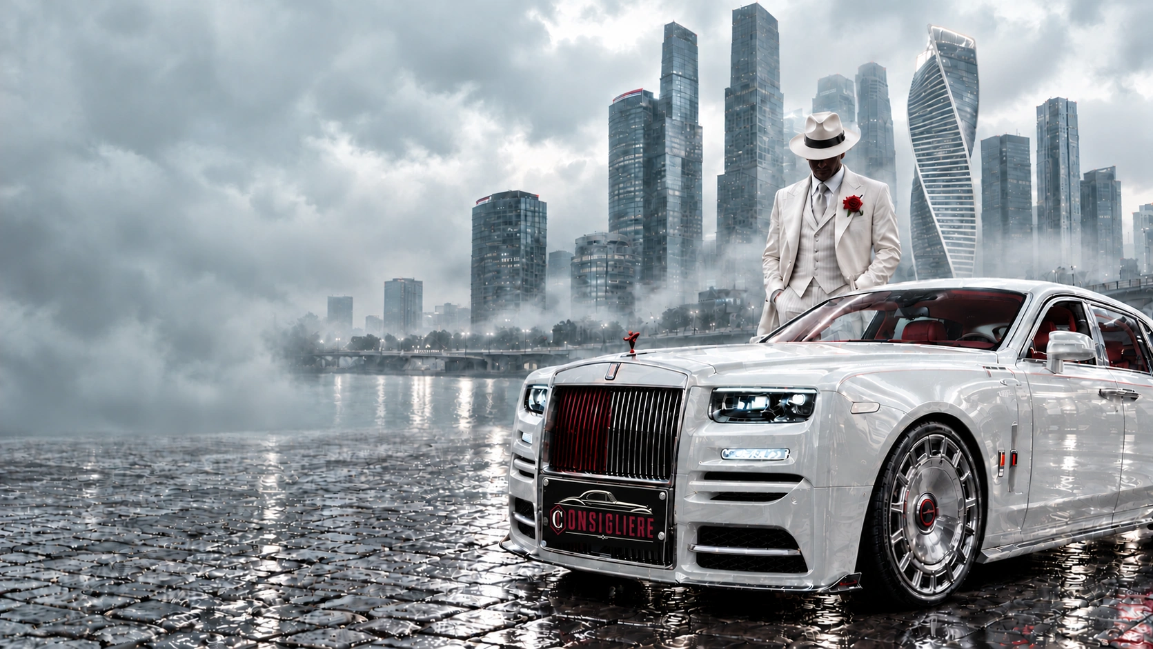 Дон в белом классическом костюме с красной розой рядом с белым Rolls-Royce на фоне Москва-Сити в прохладной дневной дымке
