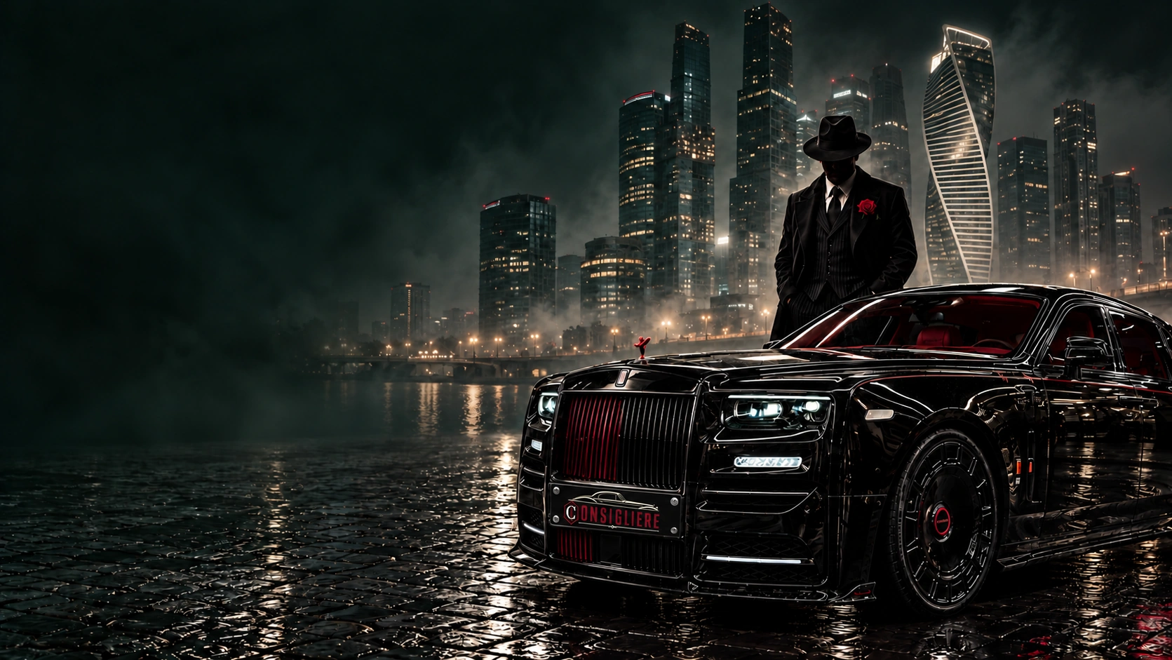 Дон в чёрном классическом костюме с красной розой рядом с чёрным Rolls-Royce на фоне Москва-Сити
